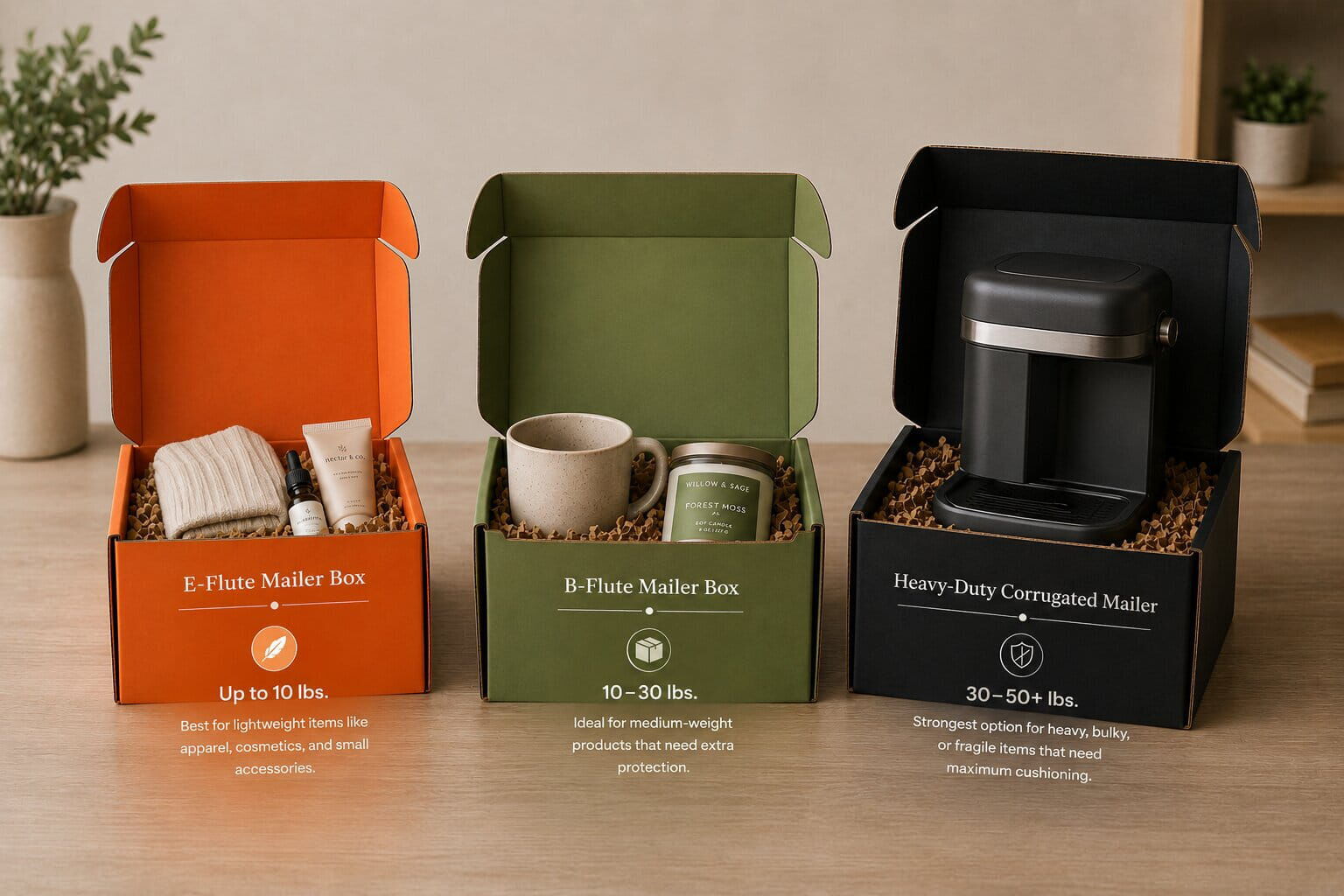 Three open mailer boxes showing weight limits
